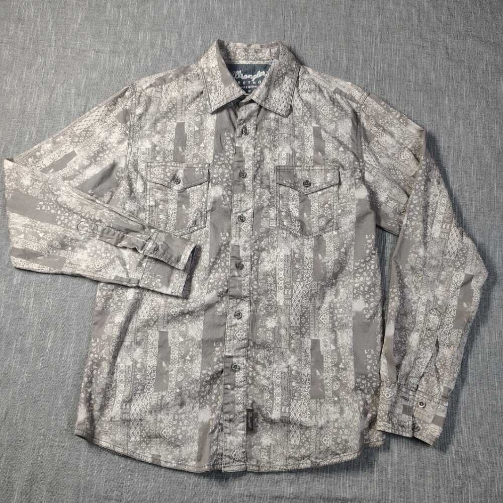 Wrangler Retro Shirt Size Medium‎ Gray White LS Stamped Paisley Pattern Western